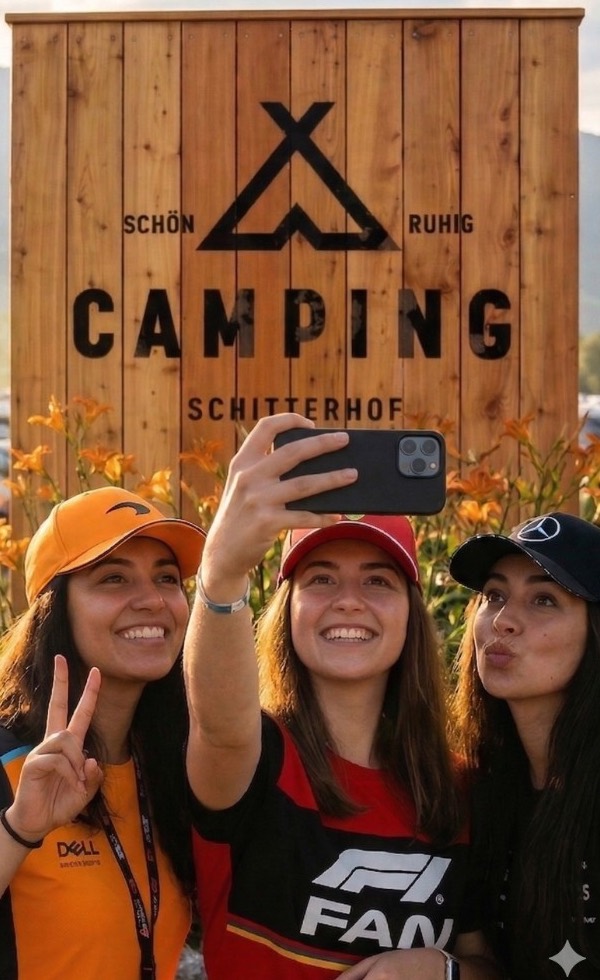 Selfie am Schitterhof Camping WEISS – Fans vor dem Camping-Schitterhof Schild beim MotoGP Wochenende