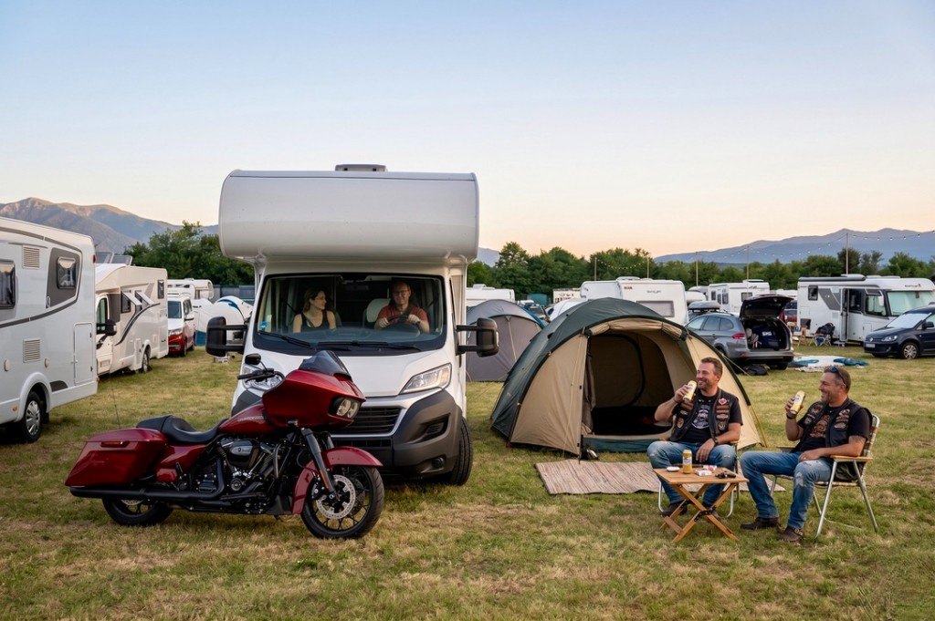 MotoGP-Camping-Abendstimmung: Motorrad, Zelt und Wohnmobile auf der Wiese am CAMPING WEISS Schitterhof, Red Bull Ring Spielberg