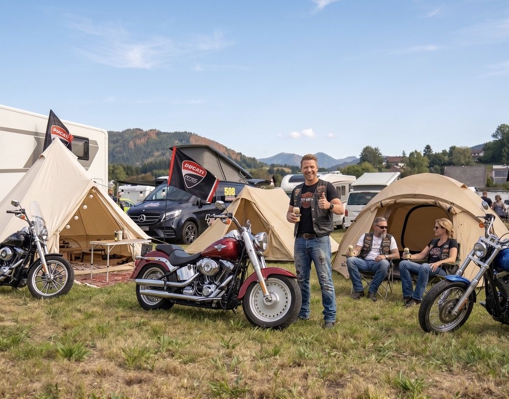 MotoGP-Gäste auf dem CAMPING WEISS Schitterhof nahe Red Bull Ring Spielberg: Motorräder, Zelte und Wohnmobile in entspannter Abendstimmung