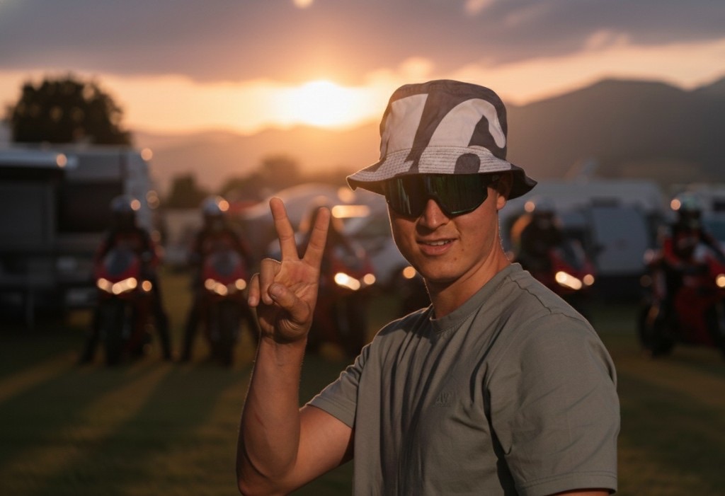 MotoGP-Fan beim Sonnenuntergang auf dem CAMPING WEISS – Zelte, Motorräder und Wohnmobile nahe Red Bull Ring Spielberg