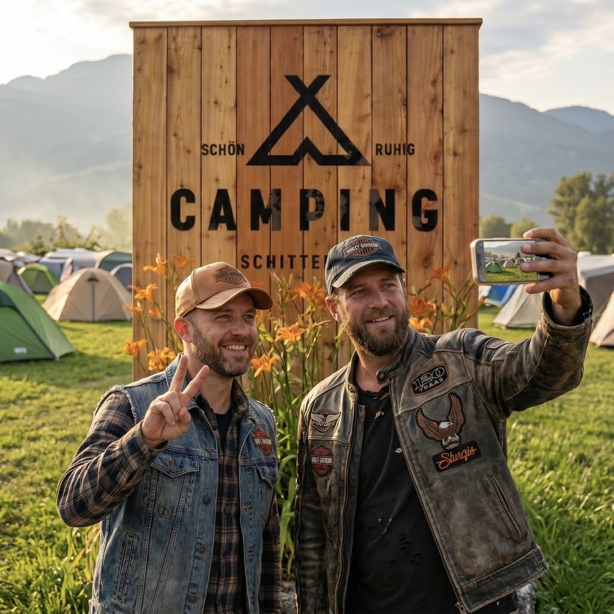Zwei MotoGP-Fans vor dem hölzernen Camping-Schild Schön und Ruhig auf dem CAMPING WEISS Gelände Spielberg am Red Bull Ring