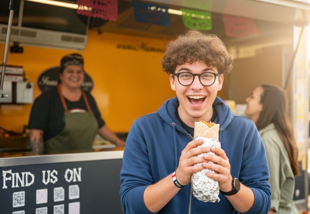 MAMA'S TACOS am CAMPING WEISS – Gast mit frischem Taco/Burrito vor dem mexikanischen Food Truck, MotoGP Wochenende Red Bull Ring Spielberg